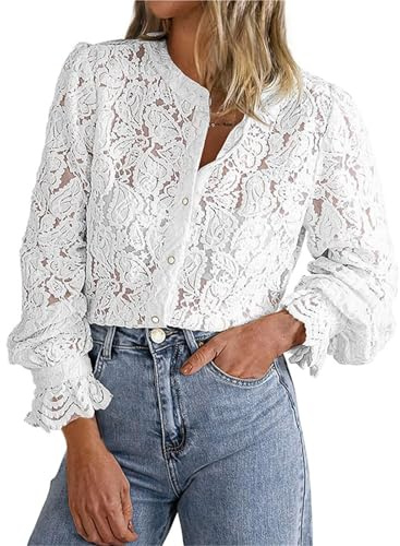 Festliga blusar damer elegant med spets: spets topp damer röd – spetsblus vintage v-ringad blusar tunika lös långärmad skjorta enfärgad spets toppar blus skjorta damblusar