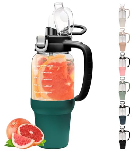 SIEROZUR 42 oz Glass Water Bottle with Straw and Handle Half Gallon Water Jug with Silicone Sleeve Large Water Bottle for Office, Gym, Outdoor Sports