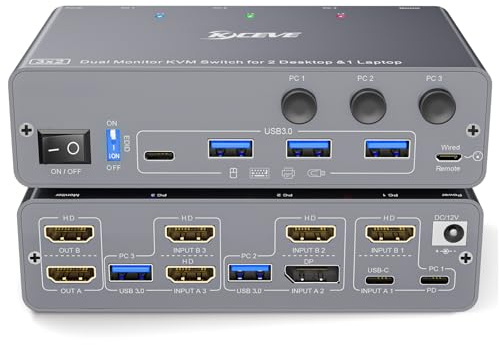 4K @ 60Hz USB C HDMI DP Dual Monitores KVM Switch 2 PC 1 Laptop Share 2 monitores y 4 puertos USB 3.0, simulación EDID, PD 60 W para ordenador portátil, con mando a distancia por cable y cable USB