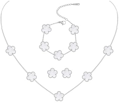 JYIXXZX Ensemble de Bijoux Trèfle à Quatre Feuilles pour Femme Argent Acier Inoxydable Porte Bonheur Trèfle Collier Boucles d'Oreilles Bracelet Réglable Parure pour Cadeau Anniversaire Mariage (C)