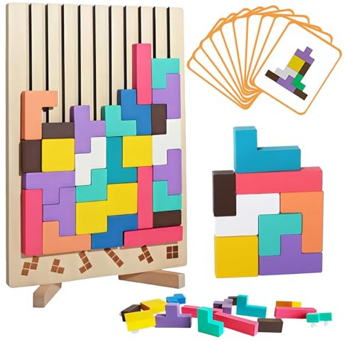 KINDLUME Träpussel, Stapelspel, Montessorispel, geometriska block, träpussel för barn, 3D-pussel med modellkort, för intellektuell utveckling, familjelek