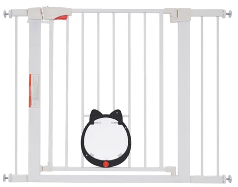 Rejilla protectora para escaleras, 93 x 76 cm, con puerta para gatos, sin agujeros, extensible para mascotas, perros y gatos (blanco)