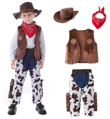 Costume Cowboy Bambino, Vestito Carnevale Bambino Cowboy, con Cappello Cowboys bambino, Gilet, Foulard, Accessori cowboy Bambinos per Carnevale, Cosplay, Festa di Halloween (Blu Cowboys, 18-24 mesi)