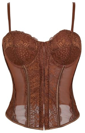 USOHJZ Blommig jacquard underbröstkorsett för kvinnor med elastisk midja och ribbor, bantning bustier, korsett, Brun, M