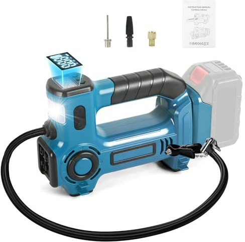 Inflador Compresor compatible con Makita 18 V, Compresor de Aire Portátil con Manómetro Digital para Coche, Moto, Pelotas de Bicicleta, Presión Máxima de Aire 830 kPa (sin batería)