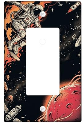 Astronaut Single Rocker Light Switch Cover, Space Futuristic Rocket Planet Space Black Plastic Standard Size Switch Plate Decorative for Home Living Room New Apartment Decor