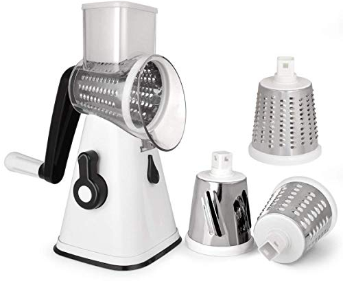 NILICAN Rallador de patatas manual giratorio para cocina, mandolina, cortador de verduras, con 3 cuchillas intercambiables, fácil de usar (blanco)