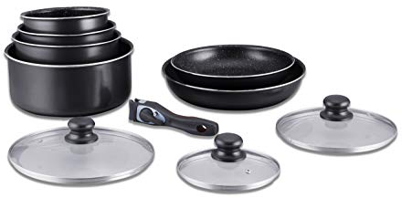 Herzberg Kochgeschirr-Set - Induktionstopf-Set - Alle Heiztopf- und Pfannen-Set - Steinbeschichtung Kochgeschirr-Set mit abnehmbarem Griff 10-teilig HG-5000 schwarz