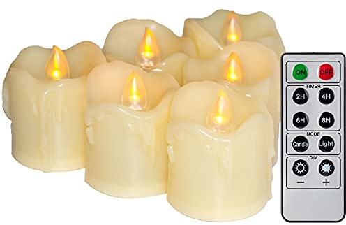 6PCS Led Flickering Flameless Wax Dripping Votive Tea Lights Candles with Remote Control Battery Operated/Electric Outdoor Tealights Timer Candle for Christmas,Xmas Decorations (Batteries Included)