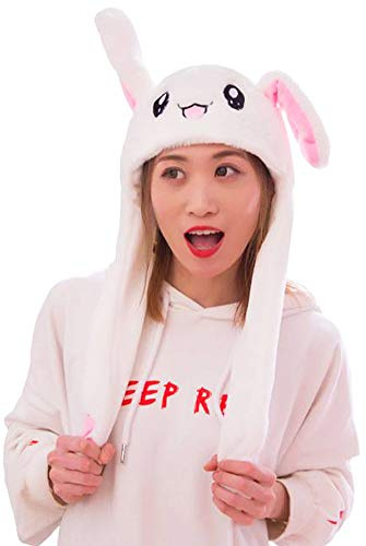 CICITOYWO Funny Plush Bunny Hat Ear Moving Jumping Rabbit Fun Cute Animal Flap Cap Unisex for Women Girls Children Party Holiday Halloween Christmas Dressup Cosplay Costume Gift(White)