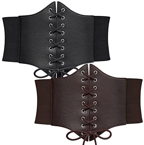 WERFORU 2 Pack Women Elastic Corset Belts Retro Wide Stretchy Tied Waspie Waist Belt
