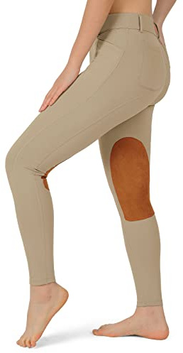 beroy Kids Horse Riding Knee-Patches Pants Girls Equestrian Front-Zip Breeches Legging with Pockets(Khaki,L)