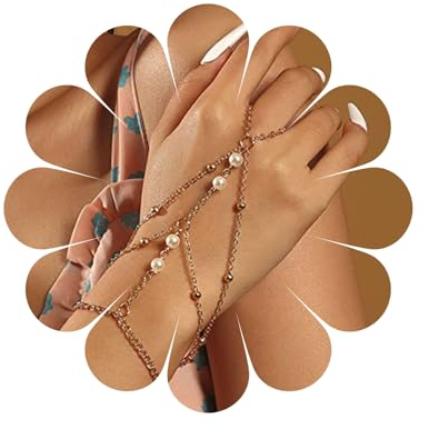 Allereya Bracciale ad Anello con Perle Bracciale a Strati Boho Bracciale schiavo d'oro Bracciale a Mano da Sposa Gioielli a Catena per Imbracatura per Donne e Ragazze