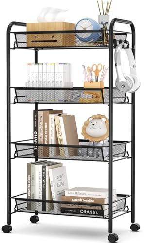 APEXCHASER 4-Tier Rolling Cart,Easy Assemble Mobile Storage Trolley On Wheels,Slide Out Utility Cart Shelving Units Kitchen Bathroom Laundry Room,Black