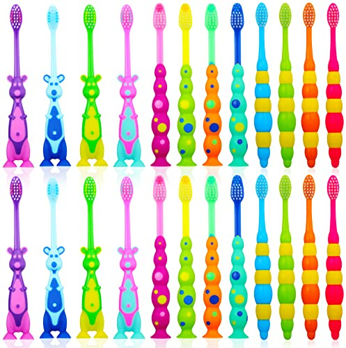 Lauwell Toddler Toothbrush Pack - 24 Pieces, Soft Bristle Animal Toothbrushes with Covers, Suction Cup, Sensitive Teeth