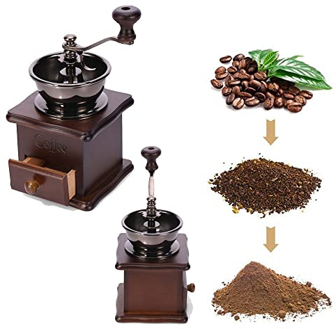 zalati Moulin à café manuel en céramique avec base en bois et poignée pour grains de café en poudre