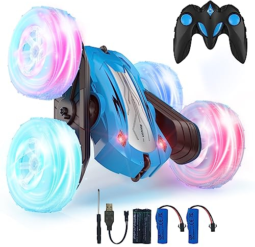 Coche Teledirigido,Coche AcrobáTico Camiones 360 Grados De RotacióN,Juguete Niño Regalo 3 4 5 6 7 8 9 12 Años Niña 2.4Ghz Niños Coche Teledirigido con Luces Incluye Batería Recargable (Azul)