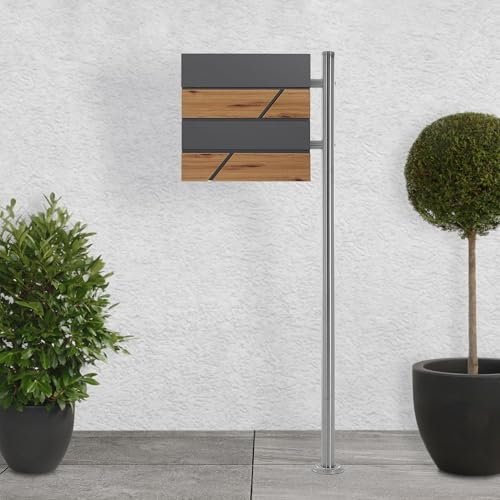 ECD Germany Standbriefkasten mit Zeitungsfach, Design Briefkasten mit Pfosten, Briefkastenanlage, Briefkastenständer Silber aus Edelstahl, Postkasten Anthrazit Holzoptik aus Stahl pulverbechichtet