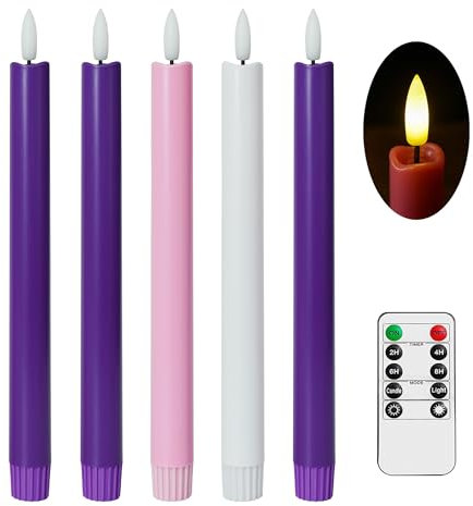 Stmarry Flameless Advent Candles, Set of 5 - Flickering LED Flame, 10 Inch Taper Candlesticks, Remote Controlled - 3 Purple, 1 Pink, 1 White for Christmas Wreath