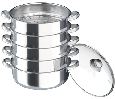 SABUIDDS Cuocere a vapore a cinque piani in acciaio inox con coperchio in vetro, pentola a vapore a induzione per tutti i piani cottura, pentola a vapore Couscous, pentola per cottura a induzione