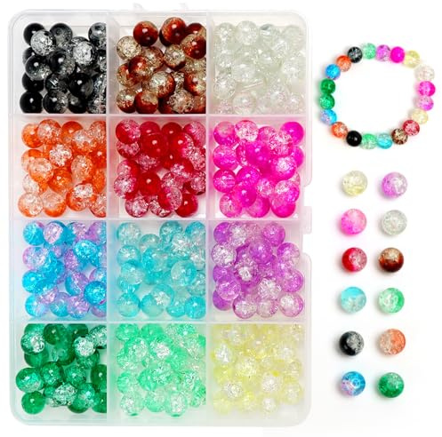 GOTRUST 240 st Crackle glaspärlor för pyssel, 8 mm ädelstenpärlor set runda, färgglada glaspärlor mix, färgglada glas ädelstenpärlor för att trä upp med hål för gör-det-själv armband halsband