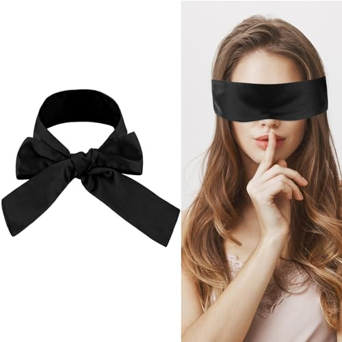COMNICO Masque de sommeil en satin pour les yeux, 150 cm, réglable, confortable, doux, occultant, rafraîchissant, pour adulte, voyage, sieste et méditation (noir)