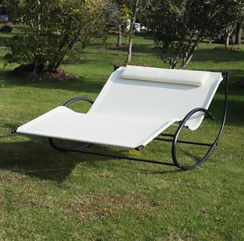 Large Sun Lounger 2 Seater Day Bed Patio Rocker Swing Bench Garden Hammock Chair Outdoor Deck Furniture Metal Double Pool Chaise Lounge White Relax Seat