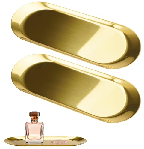 2 Pezzi Vassoio Decorativo Dorato,23 x 9 cm Vassoio da Portata in Acciaio Inossidabile, Ovale Vassoio Oro per Piatti D'oro, Portaoggetti per Dolci, Gioielli, Cosmetici, Candele