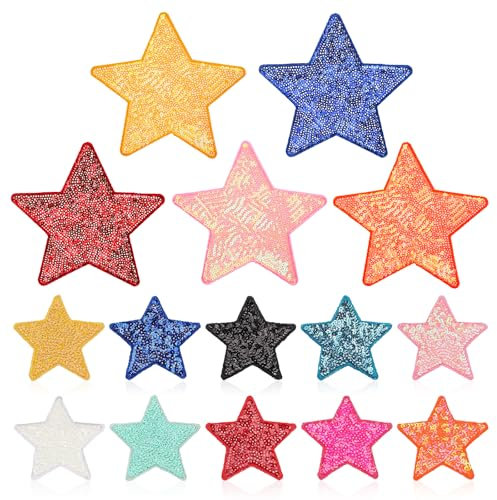15 Stück Stern Aufnäher zum Aufbügeln - Farbige Form Bügelbilder Glitzer Pailletten Iron on Patches für DIY, Kleidung, Hüte, Jeans, Rucksäcke, T-Shirt