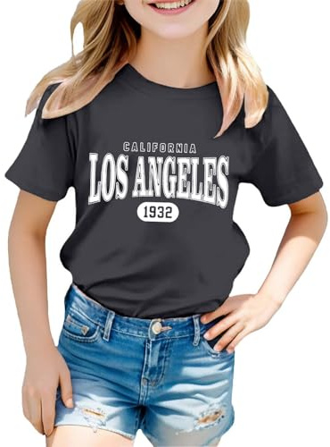 T Shirt Manche Courte Enfant Fille 2-12 Ans Los Angeles Tee Shirt Ado Fille été a la Mode Mignon Pas Cher Chic Confortable Casual Sport Jogging Chemisier (Black, 11-12 Years)