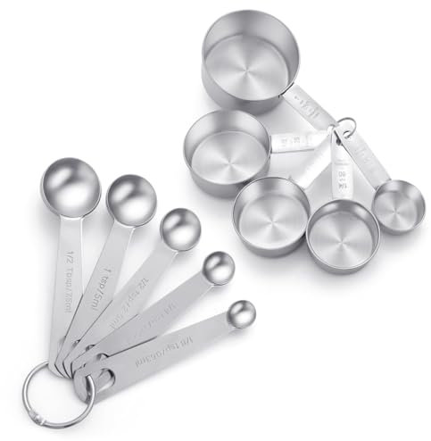 10-teiliges Edelstahl Messlöffel - Messbecher Set - Measuring Cups - Messlöffel Set - Cup Messbecher Set, mit Skalenmarkierung und Aufhänger, stapelbar, für trockene und feuchte Zutaten