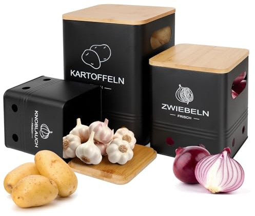 Mozvvco Kartoffel Aufbewahrungsbox, Aufbewahrung Kartoffeln Zwiebeln Knoblauch - 3er Set mit Bambusdeckel - Nistbar & Stapelbar für Küche, Speisekammer - Hält Gemüse Länger Frisch - Schwarz