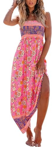 CUPSHE Vestido largo de verano para mujer, estampado floral, sin mangas, con volantes, tirantes delgados, vestido largo para el tiempo libre, fucsia rosa, M