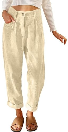 Joligiao Dambyxor eleganta manchesterbyxor dam byxor med elastisk midja sammet byxor dam sammet byxor lätta raka raka byxor vinter byxor, Beige, S