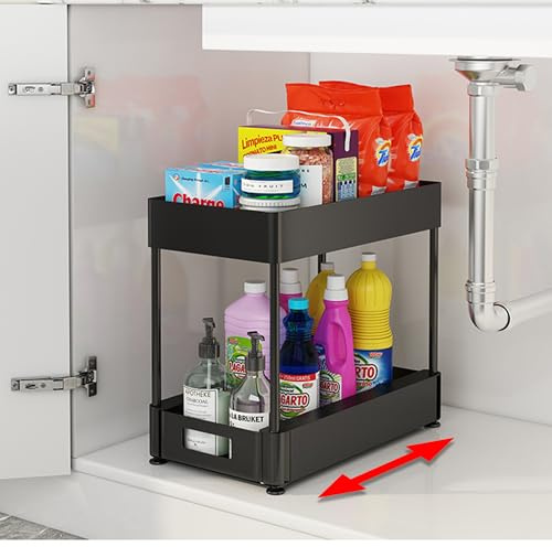 Under-Sink for Kitchen Storage - Pull-Out Drawer System with Bearings and Stop - Black Cleaning Supply Cabinet - Space-Saving Solution