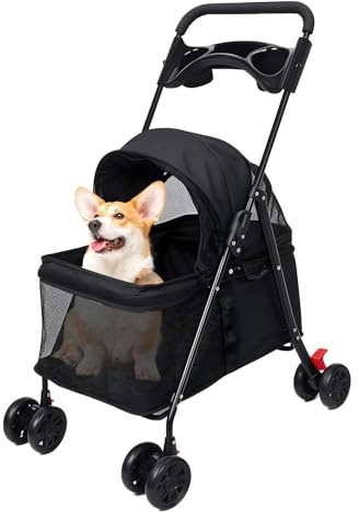 Poussette Chien avec 4 Roues, Pliable Poussette pour Chien avec Freins, Porte-Gobelet et Toit Réglable, pour Animaux jusqu'à 15kg - Idéal pour Transport Sécurisé et Promenades Confortables (Noir-C)