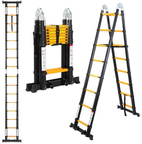 5 m (2,5 + 2,5) teleskopstege med hjul, vikstege upp till 150 kg, bärbar utdragbar stege, aluminiumstege med halkfria fötter för tak, vind och husbil, svart-gul
