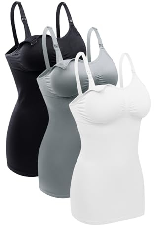 Astrélie Women's 3-Pack Seamless Nursing Cami Tops, Built-in Bra, Clip Down, Adjustable Straps