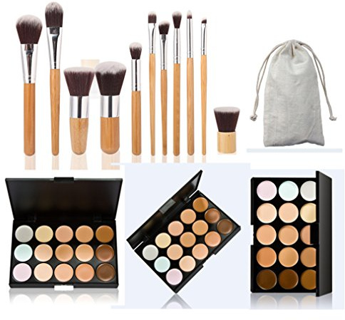 15 Colors Cream Contour Face Concealer Palette, FantasyDay Long Lasting Full Hydrating Coverage Conceals Corrects Foundation Camouflage Makeup Set for Correcting Dark Circles Acne Blemish + 11 Brush