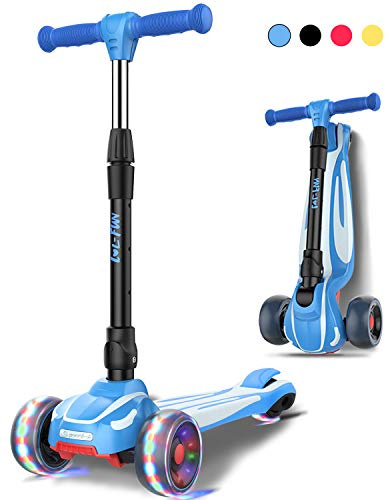 LOL-FUN Scooter for Kids Ages 3-5 Years Old Boys Girls with 3 Wheel LED Lights, Extra-Wide Childrens Foldable Kick Scooter for Kids Ages 6-12 Toddler with 4 Adjustable Height and Lean-to-Steer - Blue