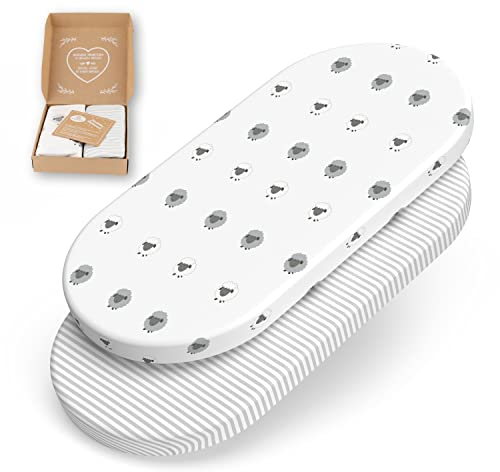 mimaDu - 2er Set Spannbettlaken Baumwolle Oeko-TEX 75x35 cm auch für 70x37, 70x32 - Matratzenbezug für Kinderwagenmatratze - Bettlaken Bezug oval für Kinderwagen/Stubenwagen/Babywiege (Schaf)