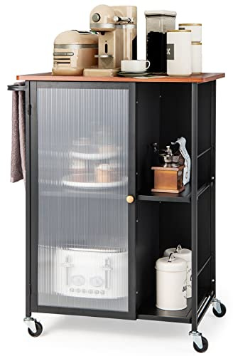 TANGZON Kitchen Trolley on Wheels, Rolling Kitchen Island with Door, Wooden Worktop, Open Shelves & Metal Handle, Utility Serving Trolley Cart for Home Bar Restaurant