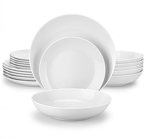 MALACASA Vajillas Completas Modernas 18 Piezas, Juegos de Platos de Porcelana Gourmet de Borde Negro para 6 Personas con 3 Platos Hondos/ 3 Platos de Postre/Platos de Sopa, Serie AMELIA