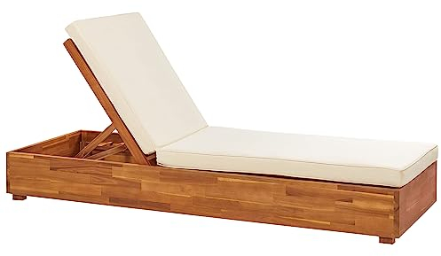 Beliani Gartenliege Akazienholz Heller Holzfarbton mit Auflage weiß verstellbar Fanano