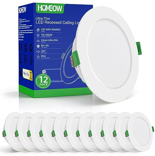 HOMEOW Lot de 12 Spot LED Encastrable Extra Plat 7W, 220V 700LM Spot Salle de Bain IP44, 6000K Blanc Froid Spots de Plafond Encastrable Pour Cuisine/Salon/Couloir, Diamètre 118mm, Découpe 95-110mm