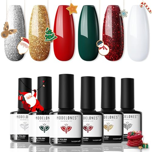 modelones Vernis Semi Permanent Noel, 6 Couleurs Vernis à Ongles Vernis Gel Uv Semi Permanent Pailleté Rouge Vert Blanc, Soak Off UV/LED Vernis Gel Uv Pour Gel Nail Polish Salon De Manucure DIY