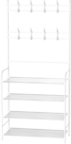 T-LOVENDO.ES Perchero Zapatero con estantería y Ganchos | Organizador de Entrada para Abrigos, Bolsos y Calzado | Mueble de Metal Resistente y Funcional para recibidor. 150x60x26cm.