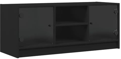 vidaXL TV Schrank mit Glastüren, Fernsehschrank mit Stauraum, Fernsehtisch für Wohnzimmer, Lowboard TV Möbel, Modern, Schwarz Holzwerkstoff