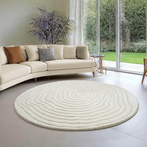 the carpet Everest Modern Short Pile Rug, High/Low Structure, 3D Effect, Soft Surface and High Pile Density, Ideal for Living Room & Bedroom, Cream, 200 cm Round