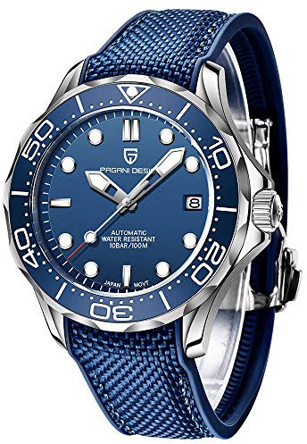 Pagani Design 1667 Herrenmode Automatik Taucheruhr NH35 Uhrwerk Drehbare Keramiklünette Wasserdicht Nylon Gummi Business Sport Selbstaufzug Uhr, Blau-Gummi, Armband